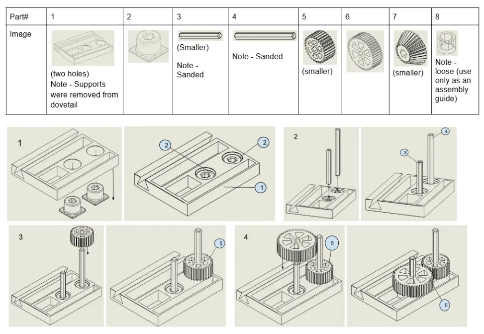 Assembly instructions, page 1: a table of parts 1 to 8, then steps 1 to 4 fitting bushings, shafts and spur gears to the base