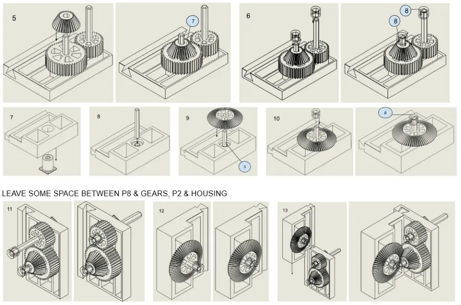 Assembly instructions, page 2: steps 5 to 13 adding the bevel gears and spacers, then joining the housing halves