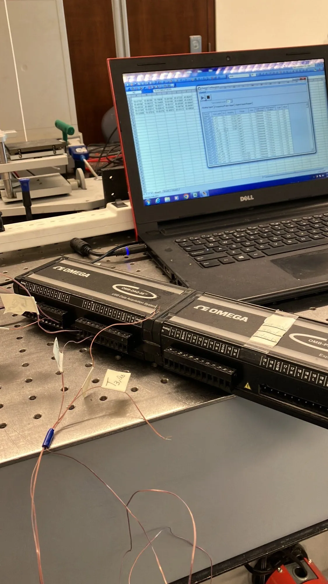 Omega OMB-DAQ-56 with thermocouple expansion modules and labelled leads