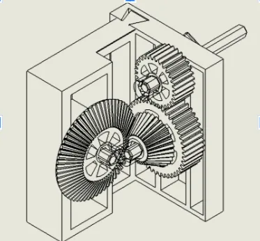 Line drawing of the gearbox assembly: a printed housing holding two spur gears and a pair of bevel gears on shafts
