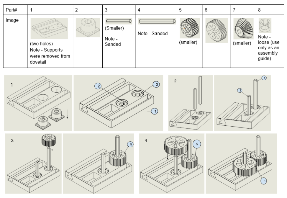 Assembly instructions, page 1: a table of parts 1 to 8, then steps 1 to 4 fitting bushings, shafts and spur gears to the base