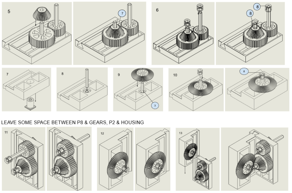 Assembly instructions, page 2: steps 5 to 13 adding the bevel gears and spacers, then joining the housing halves