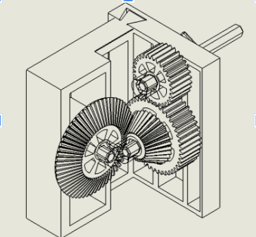 Line drawing of the gearbox assembly: a printed housing holding two spur gears and a pair of bevel gears on shafts